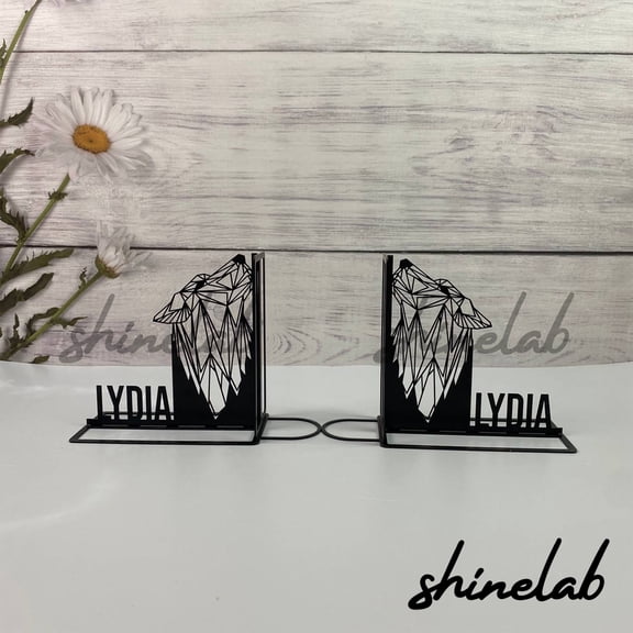 Shinelab Wolf Geometric Metal Bookends Wolf Geometric Name Bookend Gift, Animal Desk Bookshelf Decor 5504