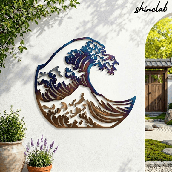 Shinelab Zen Wave Metal Wall Art, Fire Roasted Ocean Decor, Great Wave Sign