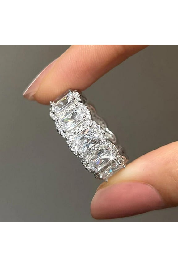 925 Sterling Silver Elongated Cushion Cut Halo Eternity Wedding Band, Halo Eternity Band, Anniversary Band for Her