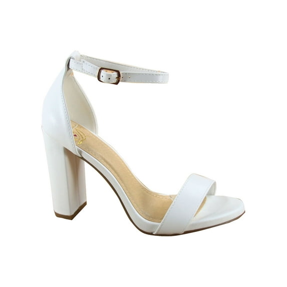 Shiner Women's Fashion Open Toe Ankle Strap Buckle Chunky High Heels Sandals Shoes ( White pu, 8.5 )