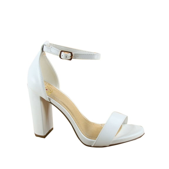 Shiner Women's Fashion Open Toe Ankle Strap Buckle Chunky High Heels Sandals Shoes ( White pu, 9 )