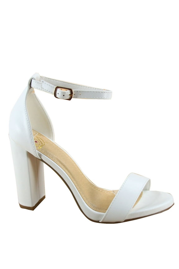 Shiner Women's Fashion Open Toe Ankle Strap Buckle Chunky High Heels Sandals Shoes ( White pu, 9 )