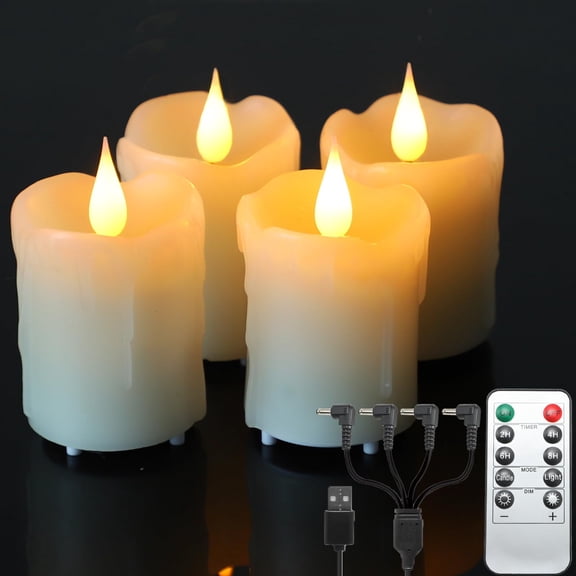 Shingkay Rechargeable Votive Flameless Battery Operated Candles with Remote Timer USB Cable, Pack of 4(D:2" X H:3") LED Ivory White Flickering Wax Candles with 3D Flame