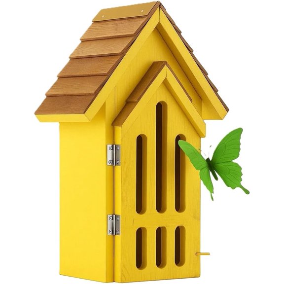 Shingle Roof Butterfly House for Outdoor, Insect House, Vintage Style Cedar Wood Bee House for Garden Outside, Open Door for Easy Cleaning Conservation.Shelter Hotel with Hooks for Hanging (Yellow)