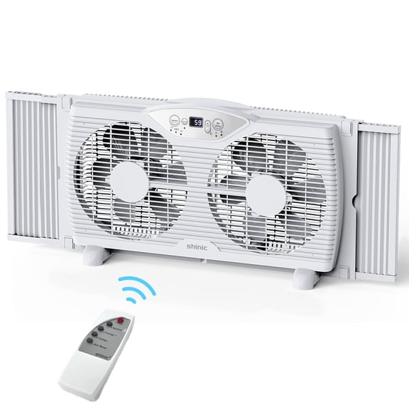 Shinic 9" Twin Window Fan with Thermostat, Reversible Airflow, 3 Speeds, Expandable Width 23.8"-37", ETL Listed