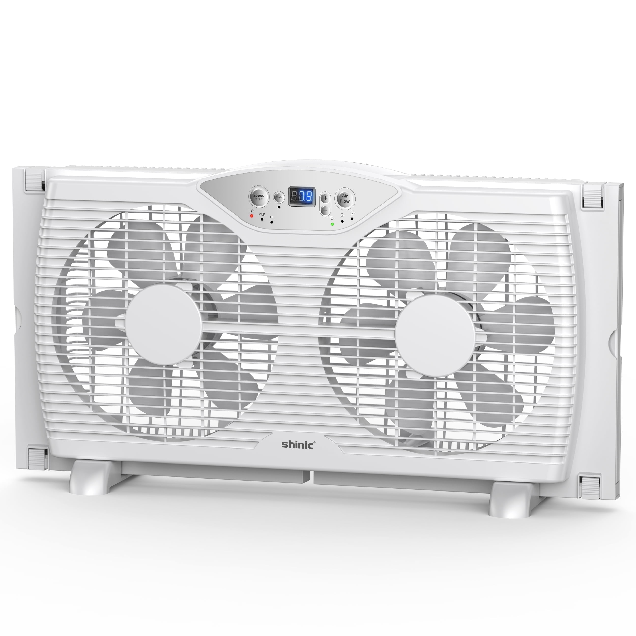 Shinic 9" Twin Window Fan with Thermostat Control,Reversible Airflow, 3 Speeds, 3 Functions, 23.8"-37" Expandable Width, Window Exchaust Fans for Home Bedroom, ETL Certified