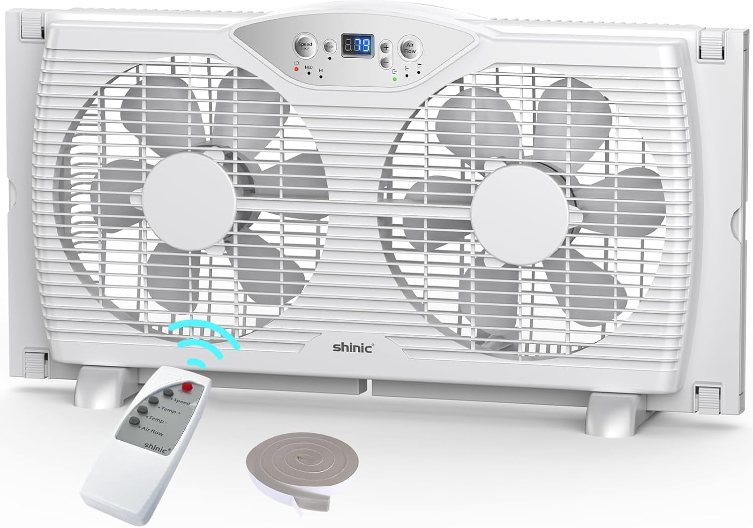 Shinic 9" Twin Window Fan with Thermostat, Reversible Airflow, 3 Speeds, Expandable Width 23.8"-37", ETL Listed