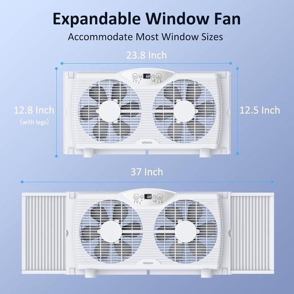 Shinic Twin Window Fan, 9-Inch Blades Reversible Airflow, Thermostat Control, 3 Speeds, 23.8"-37" Expandable Width, ETL Certified