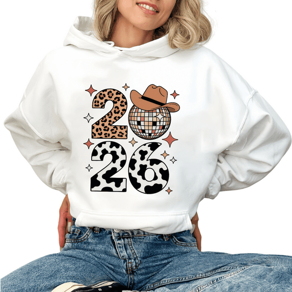 Shining 2026 Cowboy Theme Graphic Tee T Shirt Leopard Pattern Tops Regular Fit Hooded long-sleeved White S-2XL