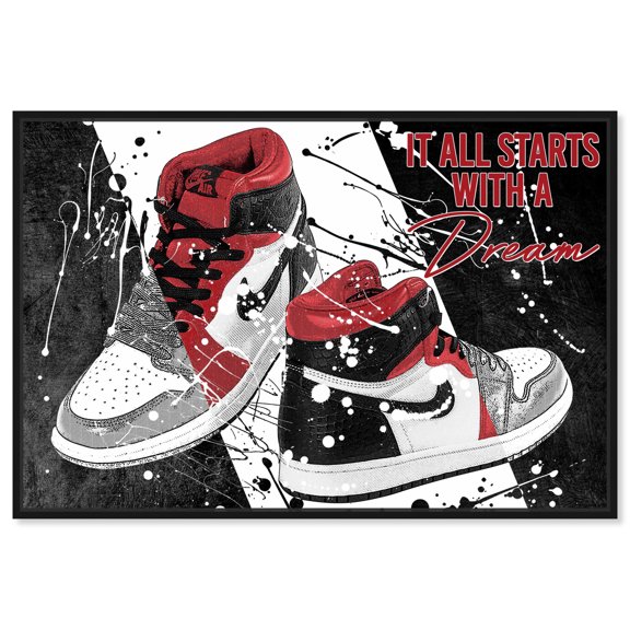 Shining Black And Red Style Dream Sneakers Urban Style Canvas Wall Art by Notoriart, Black Floater Frame, 30"x20"