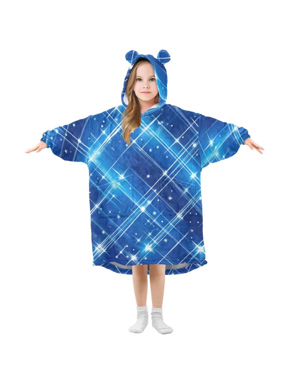 Shining Blue Plaid Flannel Wearable Blankets Hooded Design Long Sleeves Wrap Unisex for 3T-14Y S