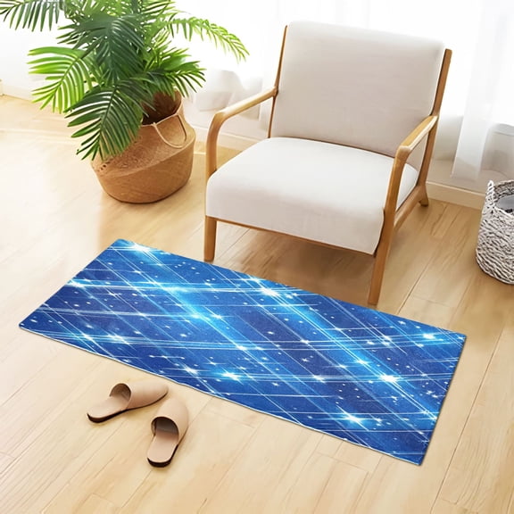 Shining Blue Plaid Plush Carpet Non Slip Runner Rug Absorbent Bath Mat 39" x 20"