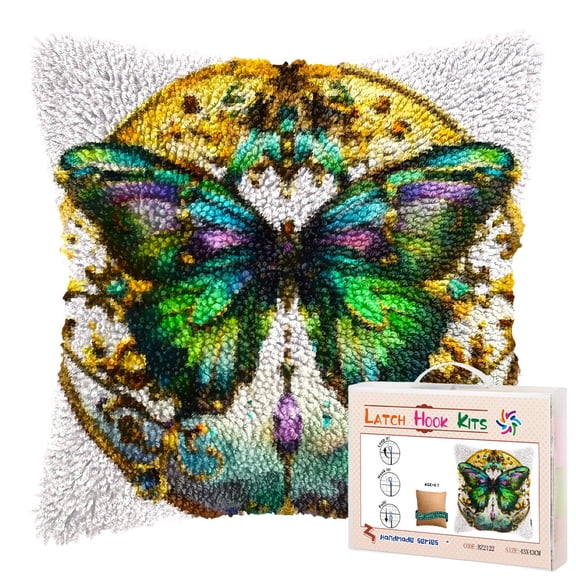 Shining Colorful Butterfly DIY Latch Hook Pillow Kits for Adults Printed Pillowcase Crochet Yarns Hooking Handmade Pillow Cover Cushion for Home Sofa Decoration 17x17inch(2)