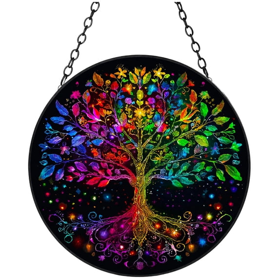Shining Colorful Tree in Darkness Stained Glass Suncatcher Handmade Window Hanging Colored Glass Suncatcher Crafts Kits for Indoor Garden Decor Memorial Gift 16x16cm(2)