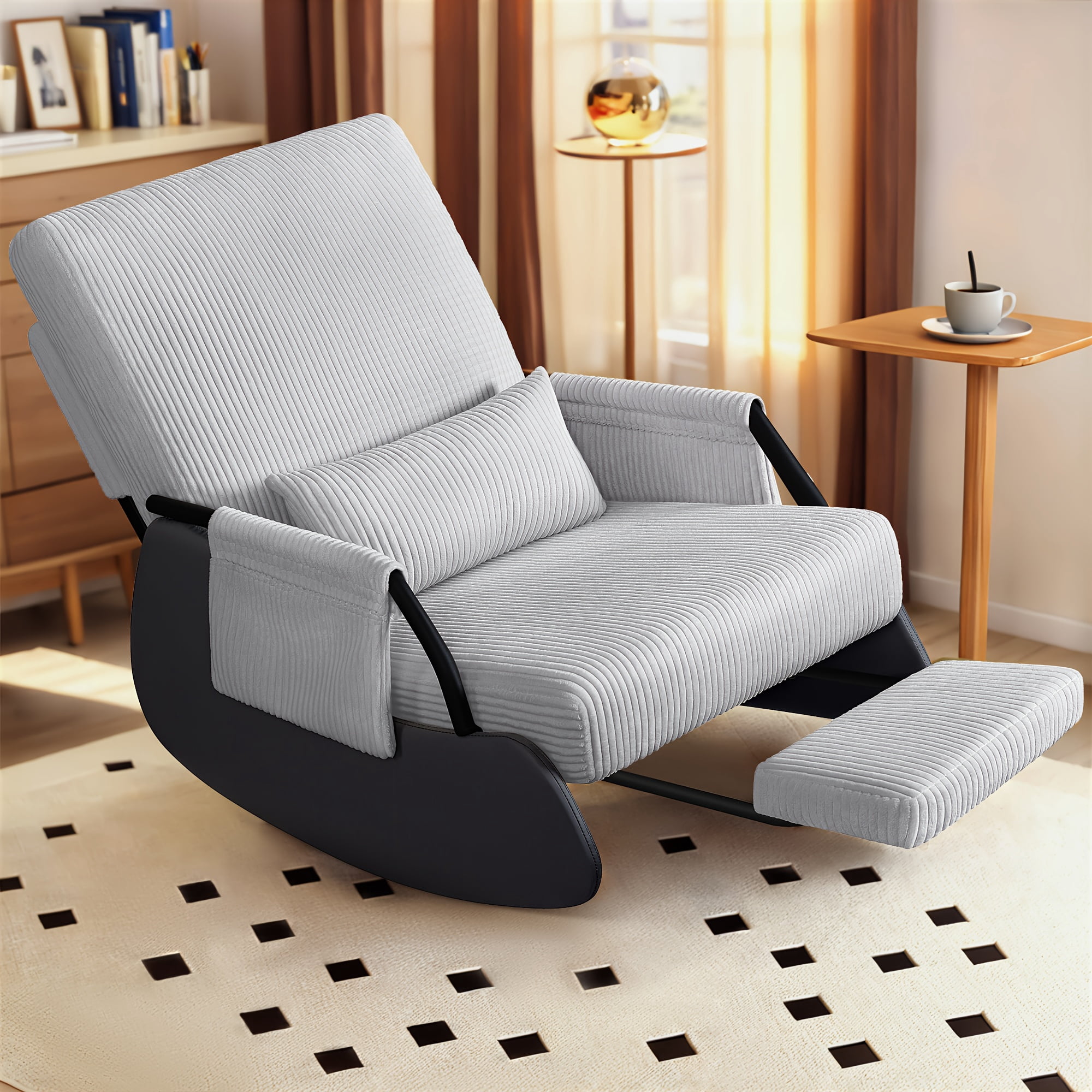 Foldable Rocking Footrest Shining Corduroy Rocking Chair with Ottoman, Foldable Recliner with ...
