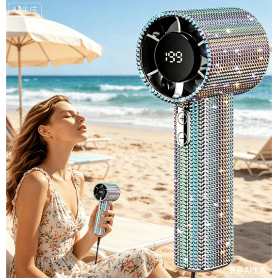 Shining Crystal Glitter Design Portable Handheld Fan Bling Mini Personal Hand Held Fan,Digital Display,Rechargeable Mini Fans for Outdoor Indoor