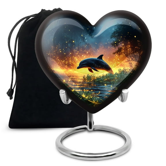 Shining Dolphin Urns for Human Ashes Adult Female, Heart Cremation Urn for Man - Memorial Decorative Urn for Dad - Ashes Urns Keepsake - 6inch, Large Size with Velvet Bag - 1pcs