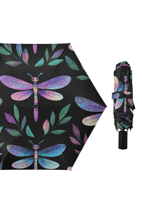 Shining Dragonflies Leaves All Weather Umbrella Triple Folding Parasol 6 Ribs UV Protection Portable