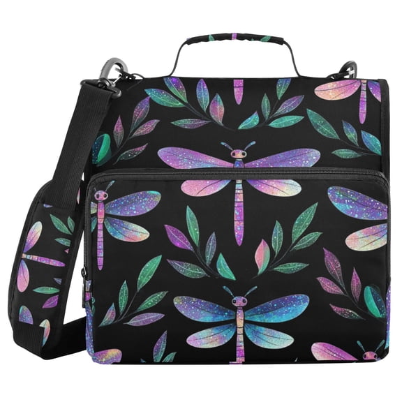 Shining Dragonflies Leaves Binder Bag with Shoulder Strap 3 Ring Zipper Binder File Folder Document Storage