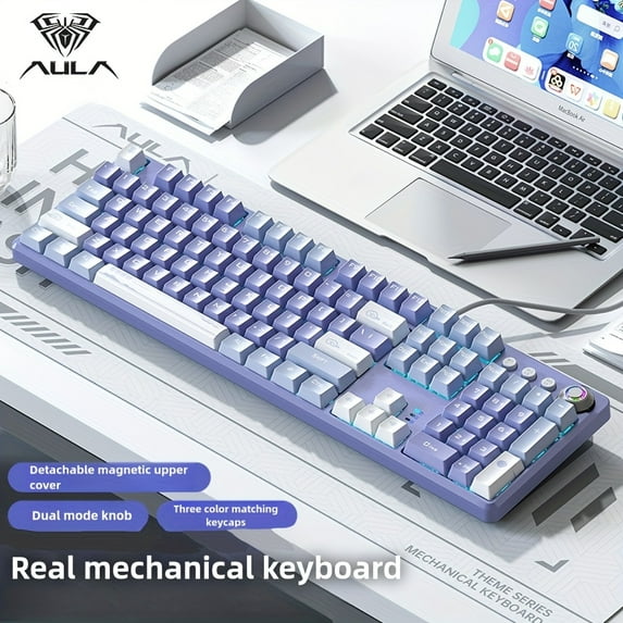 Shining F2088 Pro Wired Mechanical Gaming Keyboard, Magnetic Detachable Cover, Ice Blue Backlight, Multimedia Knob, Metal Panel Keyboard, Dustproof Design, Ergonomic Design For PC, For Mac.