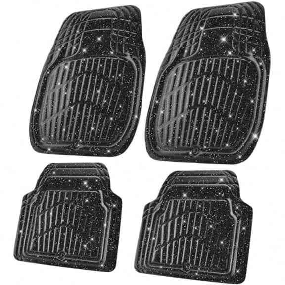 Shining Glitter Car Floor Mats 3D Leather Waterproof All Weather Universal Trim to Fit Anti-Slip Safety Light Easy Clean Install Fit for SUV Truck Auto Sedan Van 4 Piece Black Glitter