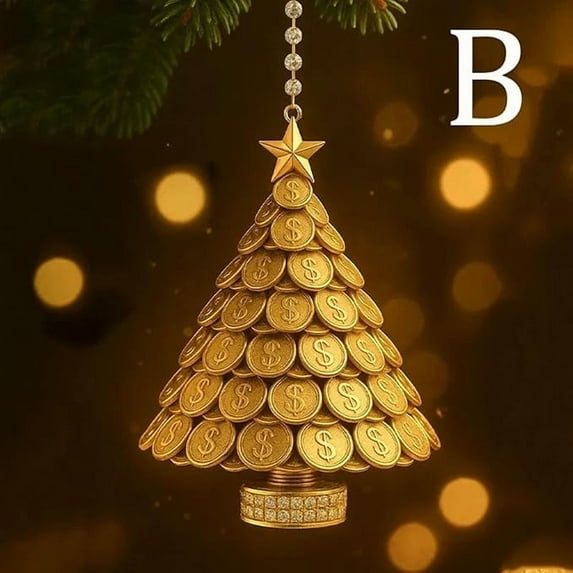 Shining Gold Coin Christmas Tree Ornament, 3D Stacked Gold Coins Wealth Tree Decor with Rhinestone Base for Xmas Holiday Festival Blessing, Gift for Family & Friends