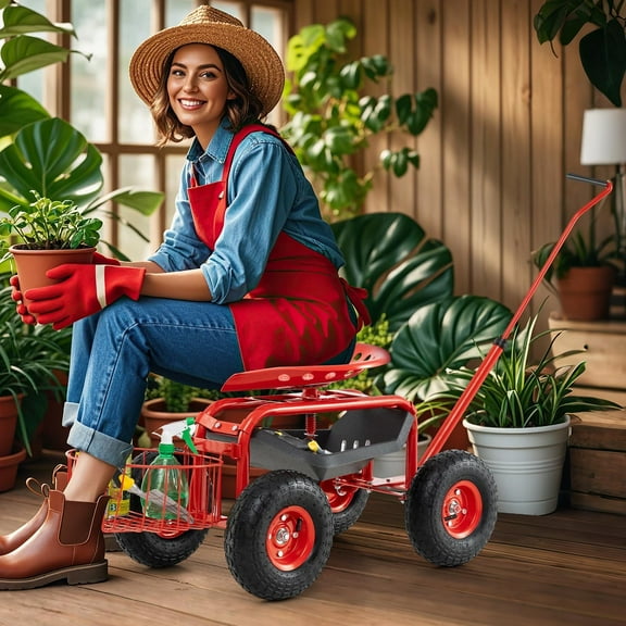 Shining Heavy-Duty Steel Garden Cart - 4" All-Terrain Tires, Adjustable Handle & 360° Swivel Seat - Spacious Storage for Gardening & Lawn Care