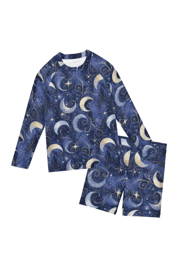 Shining Night Moon Pattern Boys' Bathing Suit UPF 50+ Boys' Rash Guard Sets Stretchy Quick Dry 3T-10T