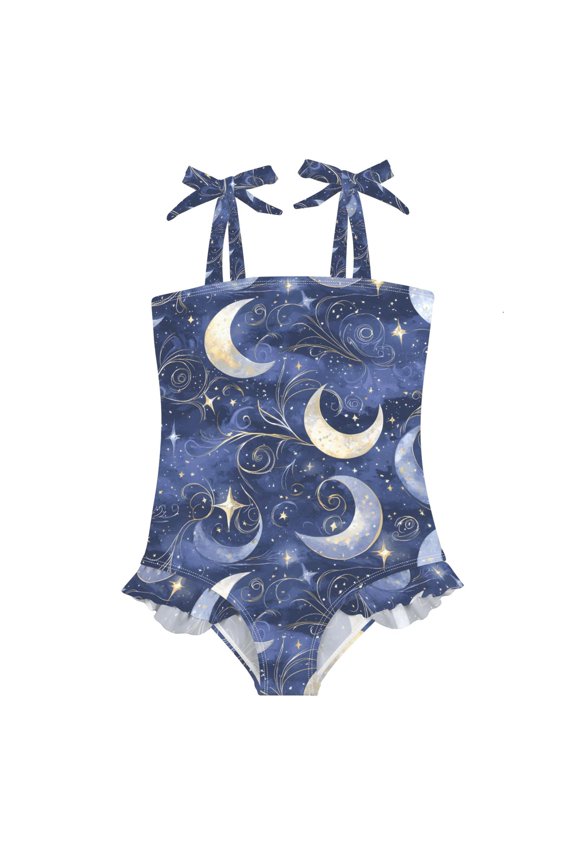 Shining Night Moon Pattern Girls' One-Piece Swimsuit Bowknot Tie Shoulder Ruffled Stretchy Quick Dry