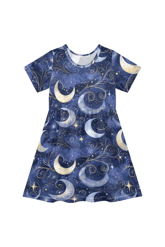 Shining Night Moon Pattern Girls Short Sleeve Dress A Line Sun Protection Breathable Comfort Sundress 2T