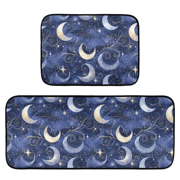 Shining Night Moon Pattern Kitchen Mat 2 Piece Non Slip Absorbent carpet Floor Mat 19.7x27.6in+19.7x47.2in