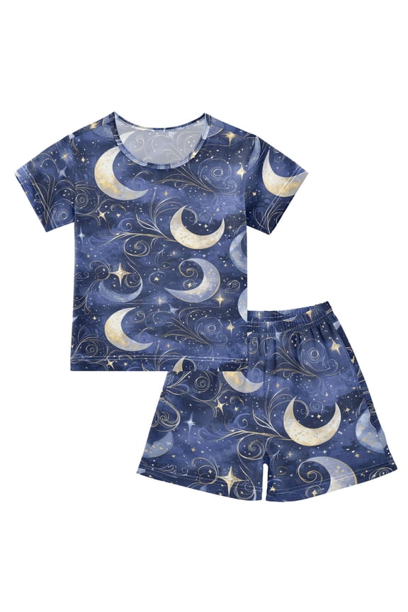 Shining Night Moon Pattern Summer Pajama Set Soft Cotton Short Sleeve Sleepwear 2PCS Pajama Sets Breathable Lounge Set Size 6Y