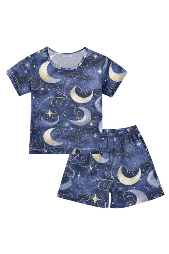 Shining Night Moon Pattern Summer Pajama Set Soft Cotton Short Sleeve Sleepwear 2PCS Pajama Sets Breathable Lounge Set Size 8Y