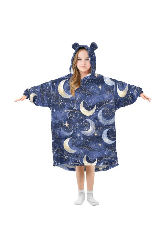 Shining Night Moon Pattern Wearable Blanket Hoodie Oversized Flannel Soft Warm Cozy 3-14 Age Small