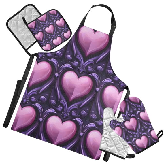 Shining Purple Heart Oven Mitts and Pot Holders with Chef Apron Set 5 Pcs Kitchen Cooking Set