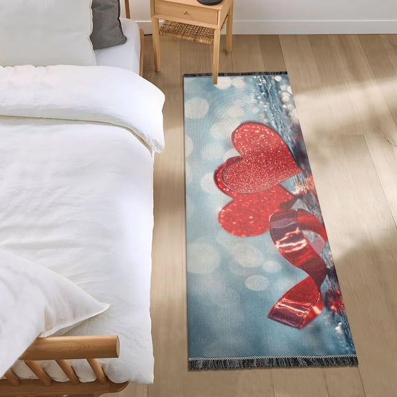 Shining Ribbons and Hearts Valentine Bedside Runner Rug 2'x 6' Non Slip Carpet Floor Mat Area Rug