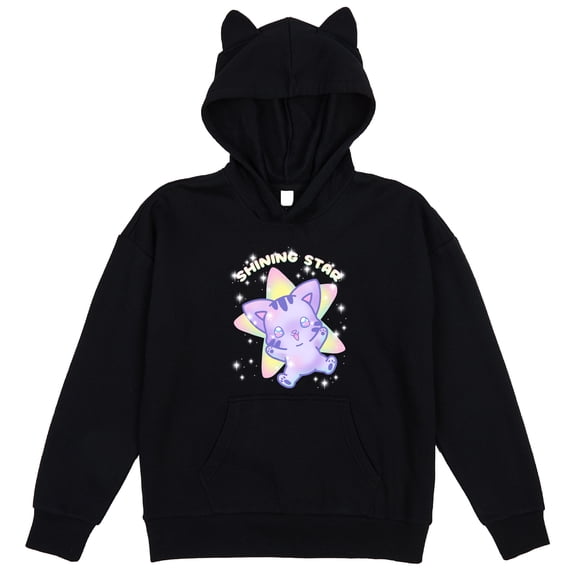 Shining Star Kawaii Cat Youth Black Long Sleeve Hooded Sweatshirt With 3D Ears-XL