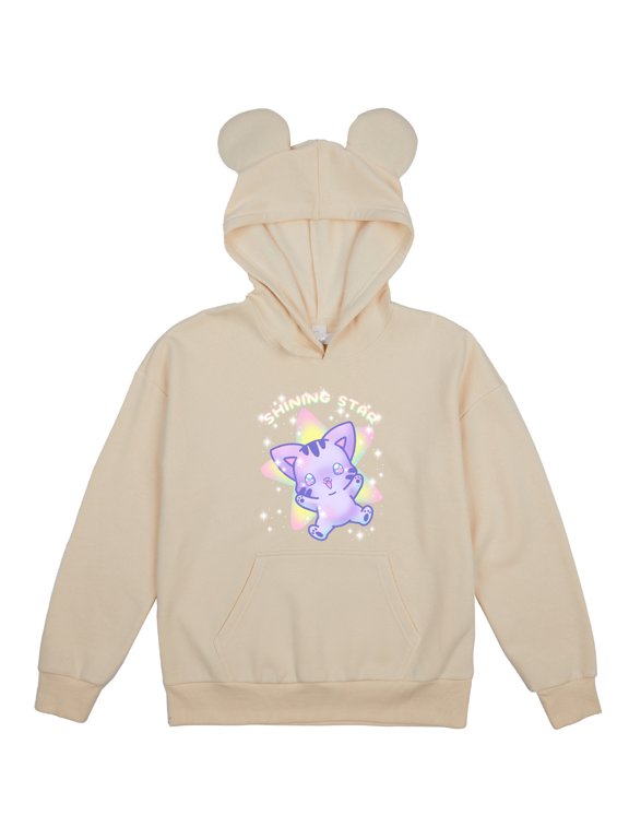 Shining Star Kawaii Cat Youth Off-White Long Sleeve Hooded Sweatshirt With 3D Ears-Small