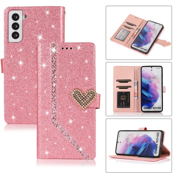 Shining Wallet Case for Samsung Galaxy S22 Plus with Card Slots Holder Kickstand Flip Folio Cover, Sparkle Bling PU Leather Diamond Heart Love Magnetic Clasp Stylish Case for Women Girls,Pink