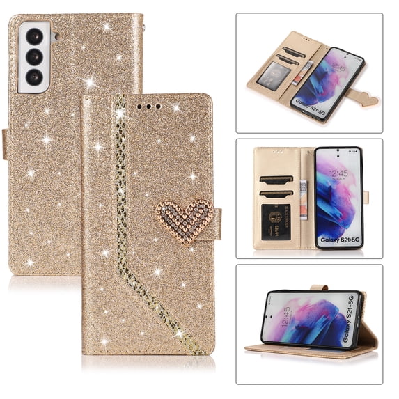 Shining Wallet Case for Samsung Galaxy S22 Plus with Card Slots Holder Kickstand Flip Folio Cover, Sparkle Bling PU Leather Diamond Heart Love Magnetic Clasp Stylish Case for Women Girls,Gold