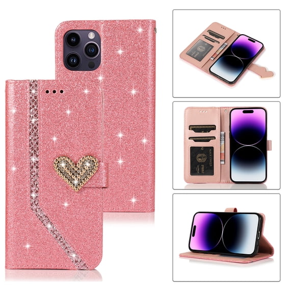 Shining Wallet Case for iPhone 13 Pro with Card Slots Holder Kickstand Flip Folio Cover, Sparkle Bling PU Leather Diamond Heart Love Magnetic Clasp Stylish Case for Women Girls, Pink