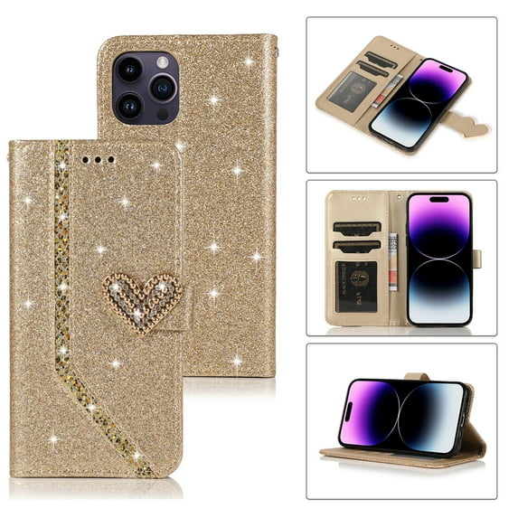 Shining Wallet Case for iPhone 13 Pro with Card Slots Holder Kickstand Flip Folio Cover, Sparkle Bling PU Leather Diamond Heart Love Magnetic Clasp Stylish Case for Women Girls, Gold