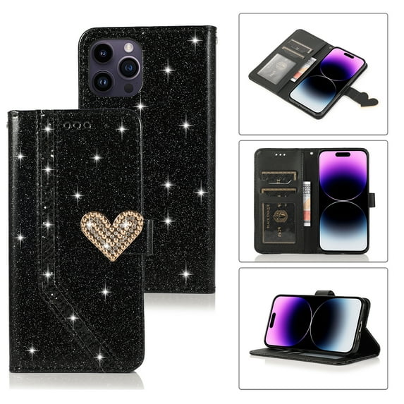 Shining Wallet Case for iPhone 13 Pro Max with Card Slots Holder Kickstand Flip Folio Cover, Sparkle Bling PU Leather Diamond Heart Love Magnetic Clasp Stylish Case for Women Girls, Black