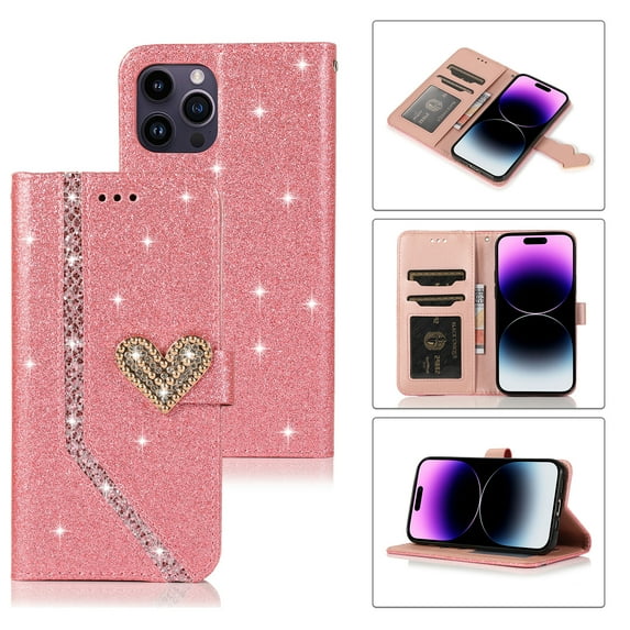 Shining Wallet Case for iPhone 13 Pro Max with Card Slots Holder Kickstand Flip Folio Cover, Sparkle Bling PU Leather Diamond Heart Love Magnetic Clasp Stylish Case for Women Girls, Pink