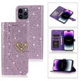 thumbnail image 1 of Shining Wallet Case for iPhone 13 Pro Max with Card Slots Holder Kickstand Flip Folio Cover, Sparkle Bling PU Leather Diamond Heart Love Magnetic Clasp Stylish Case for Women Girls, Purple, 1 of 6