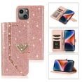 thumbnail image 1 of Shining Wallet Case for iPhone 14 with Card Slots Holder Kickstand Flip Folio Cover, Sparkle Bling PU Leather Diamond Heart Love Magnetic Clasp Stylish Case for Women Girls, Rosegold, 1 of 6