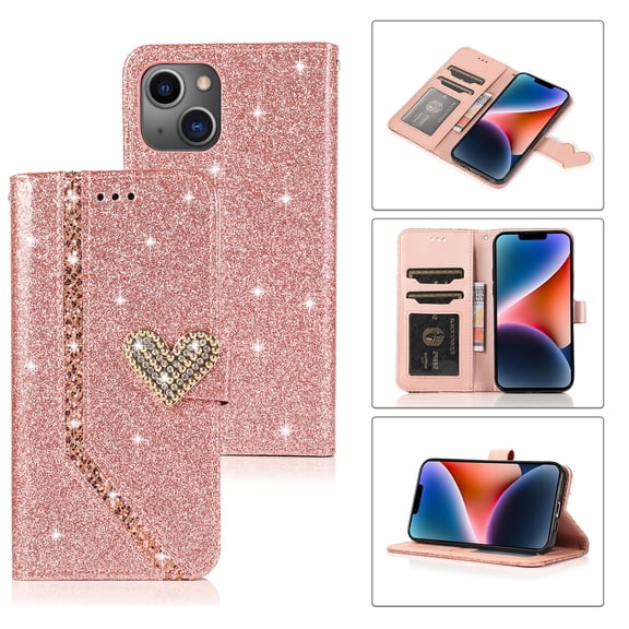 Shining Wallet Case for iPhone 14 with Card Slots Holder Kickstand Flip Folio Cover, Sparkle Bling PU Leather Diamond Heart Love Magnetic Clasp Stylish Case for Women Girls, Rosegold