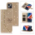 thumbnail image 1 of Shining Wallet Case for iPhone 14 with Card Slots Holder Kickstand Flip Folio Cover, Sparkle Bling PU Leather Diamond Heart Love Magnetic Clasp Stylish Case for Women Girls, Gold, 1 of 6