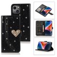 thumbnail image 1 of Shining Wallet Case for iPhone 14 with Card Slots Holder Kickstand Flip Folio Cover, Sparkle Bling PU Leather Diamond Heart Love Magnetic Clasp Stylish Case for Women Girls, Black, 1 of 6