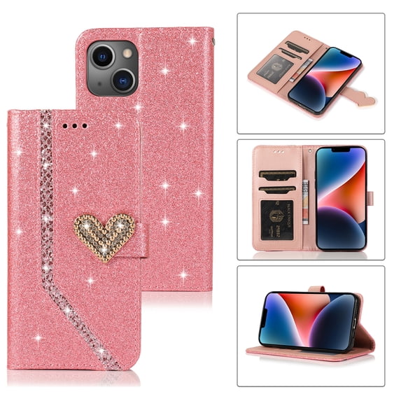 Shining Wallet Case for iPhone 14 Plus with Card Slots Holder Kickstand Flip Folio Cover, Sparkle Bling PU Leather Diamond Heart Love Magnetic Clasp Stylish Case for Women Girls, Pink